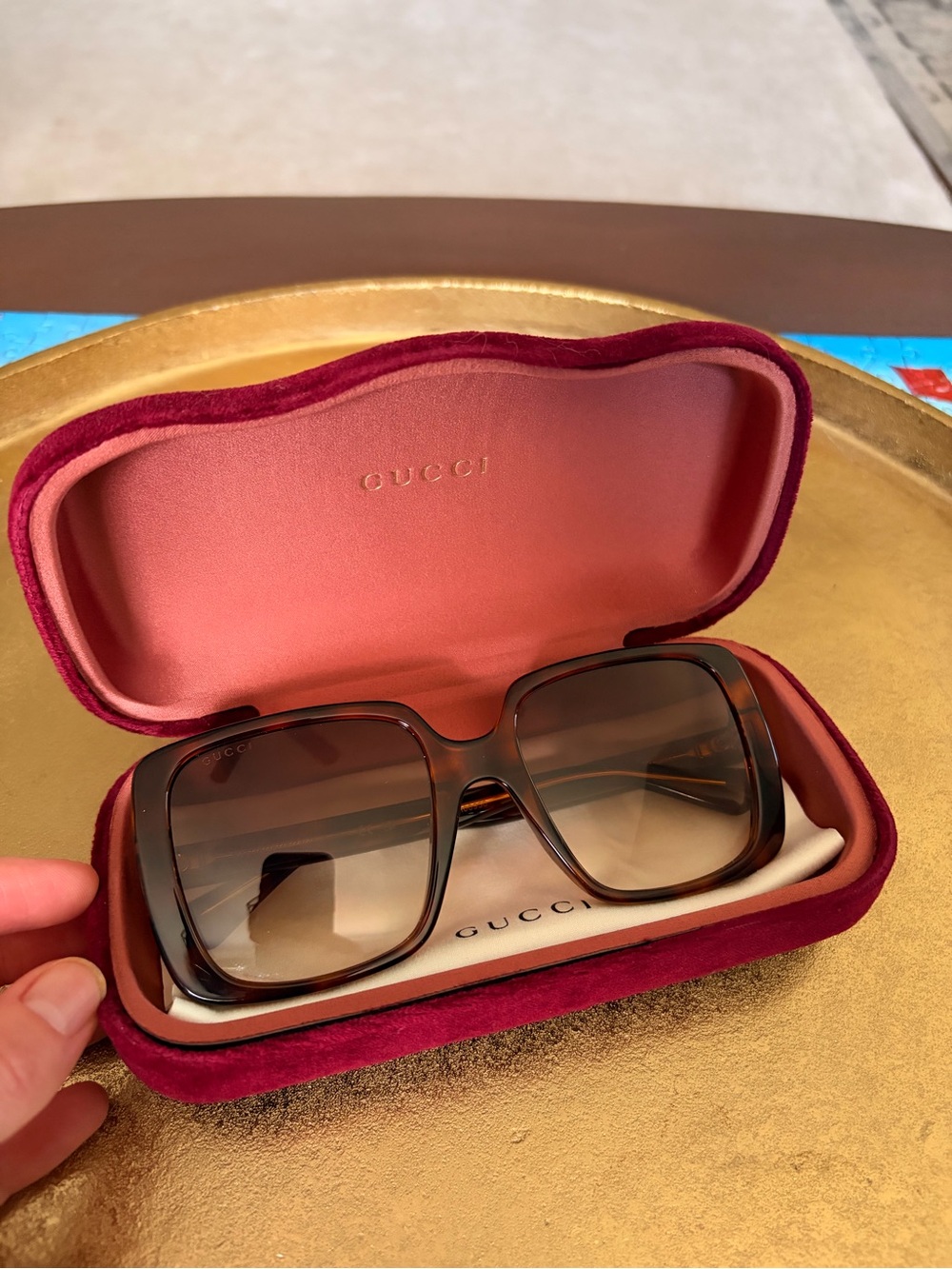 Gucci Black Square Sunglasses with Gold Logo Accents - Picture 2 of 10